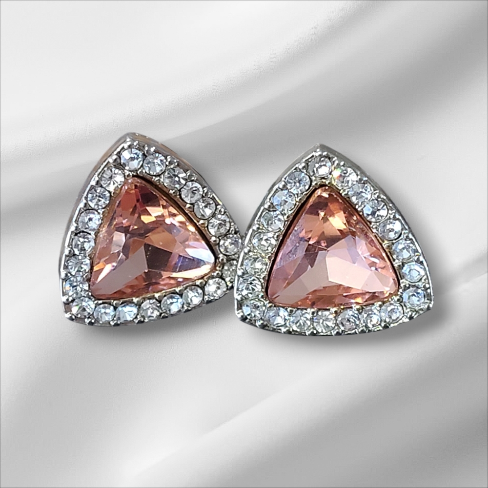 Triangular Pink Crystal Earrings with Silver Accents